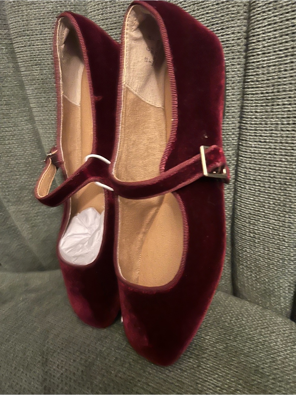 Essentials Burgundy Velvet Mary Jane Flats with Gold Buckle